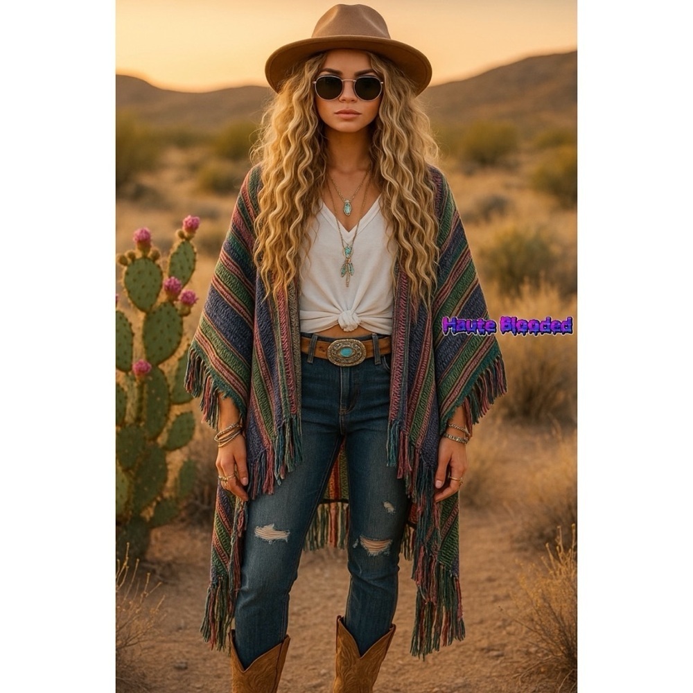 America & Beyond Poncho Blanket Southwestern Bohemian Shawl Cardi Duster Boho M